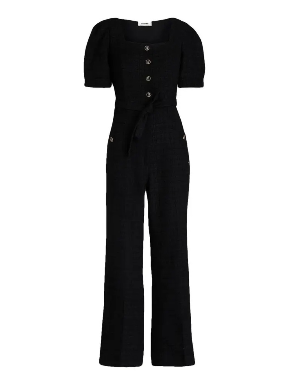 SANDRO Black Puff-Sleeve Wide-Leg Tweed Jumpsuit with Tie Belt